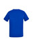 A blue men's V-neck scrub top featuring short sleeves and a smooth finish, with a logo on the back.