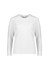 A white long sleeve women's performance tee with a simple design and a logo on the front.