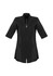 A black women's tunic featuring a zip front, three-quarter sleeves, and two front pockets.