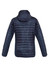 A navy unisex patrol jacket featuring a quilted design and a hood, with a branding logo on the back.