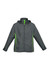 A grey jacket with green detailing, featuring a hood and long sleeves. It has a logo on the chest area.