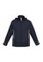 A black jacket with a hood, featuring white side accents and a zip closure. It has a logo on the chest area.