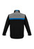 A unisex soft shell jacket in black, with grey and blue accents, featuring a logo on the back.