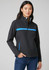 A unisex soft shell jacket in black with blue accents, featuring a zip-up front and side pockets.