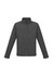 A soft shell jacket in grey with long sleeves and a high collar, featuring zippered pockets and a logo.