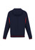 A men's soft shell jacket in navy with red accents and a hood, featuring a logo on the side.