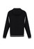 A black soft shell jacket with a hood, featuring white stripes along the sides and a branded logo.