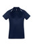 A navy women's polo shirt with short sleeves and a contrasting design, featuring a logo on the chest.