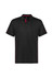 A black short sleeve polo shirt featuring red accents and a logo on the chest. Suitable for casual wear.