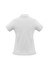A white women's short sleeve polo shirt with a classic collar and a small logo on the back.