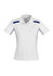 A white women's short sleeve polo shirt with blue accents and a logo on the chest.