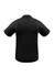A black short sleeve polo shirt with a simple design and a logo on the back.