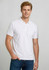 A white men's short sleeve polo shirt with a logo, paired with denim jeans.