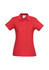 A red ladies' polo shirt with a collared neckline and short sleeves, featuring a logo.