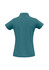 A teal ladies' polo shirt featuring a classic collar and short sleeves, with a logo on the back.