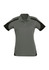 A women's short sleeve polo shirt in grey with black accents and a logo on the chest.
