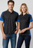 A black and blue women's short sleeve polo shirt with a branding logo, displayed on a model.
