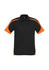 A black and orange men's short sleeve polo shirt, featuring a logo on the chest and contrasting side panels.