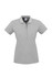 A grey women's short sleeve polo shirt with a button placket and a logo on the collar.