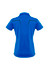 A blue women's short sleeve polo shirt featuring a back design with black detailing and a logo.