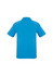 A blue men's short sleeve polo shirt featuring a collar and a branded logo on the back.