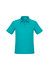 A teal short sleeve polo shirt featuring a collar, three buttons, and a logo.