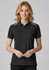 A black women's short sleeve polo shirt with a collar and subtle shoulder detailing. It features a logo.