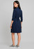 A navy blue women's dress with long sleeves and a tie waist, featuring a back view and a knee-length cut.