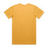 A plain yellow t-shirt with a round neck and short sleeves, featuring a logo on the back.