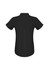A black women's button-up shirt with a short sleeve design and a pleat detail at the back.