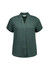 A short sleeve button-up shirt in a deep green colour with a relaxed collar and subtle pleat detailing.