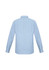 A long sleeve button-up shirt in light blue with a striped pattern and a back view. It features a collar and has a logo.