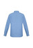 A long sleeve blue and white striped button-up shirt with a collar and cuffs, featuring a brand logo.
