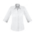 A white women's button-up shirt with 3/4 sleeves and a collar, featuring a logo.