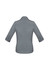 A grey women's button-up shirt with 3/4 sleeves and a collar, featuring a logo on the back.