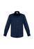 A navy long sleeve button-up shirt with a single chest pocket and a collar. It features a logo on the label.
