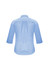 A women's blue 3/4 sleeve button-up shirt featuring a back pleat design and a logo.