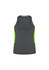 A women's singlet in dark grey with bright green side panels and a logo on the back.