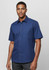 A navy short sleeve button-up shirt with a collar and single chest pocket, featuring a subtle micro check pattern.