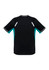 A black short sleeve tee with turquoise accents and reflective details on the shoulders, featuring a logo.