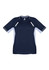 A navy blue short sleeve tee with grey accents and a logo on the front.