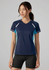 A navy blue short sleeve tee with turquoise accents and a logo, featuring a sporty design and a comfortable fit.