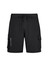 Black men's board shorts featuring cargo pockets and an adjustable drawstring waist, with a logo prominently displayed.