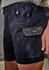 Men's rugged work shorts in navy blue featuring a contrasting pocket and an adjustable waistband. A logo is visible.