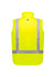 A bright yellow waterproof reversible vest with reflective stripes, featuring a logo on the back.