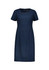A navy blue short sleeve dress with a simple, elegant design and a logo.
