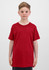 A red short sleeve tee for kids, featuring a simple design and a logo on the front.
