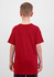 A red short sleeve T-shirt viewed from the back, featuring a simple design and a logo.