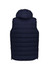 A navy hooded puffer vest featuring a quilted design and a drawstring hem. Includes a logo on the back.