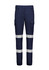 Navy cargo pants with cuffed hems and reflective stripes, featuring pockets and a logo.